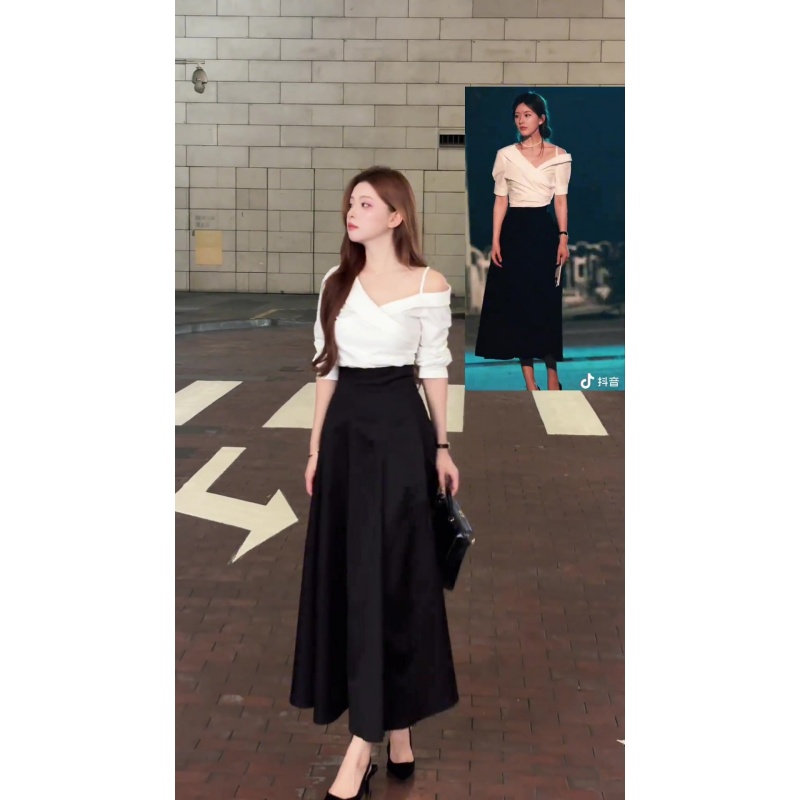 parkyeon许研同款气质穿搭白色一字领衬衫女秋季新款高腰半身裙