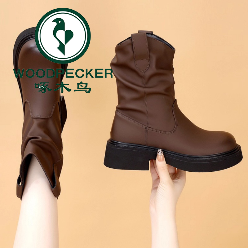 啄木鸟超火套筒堆堆短靴2025冬季新款气质简约加绒圆头褶皱烟筒靴