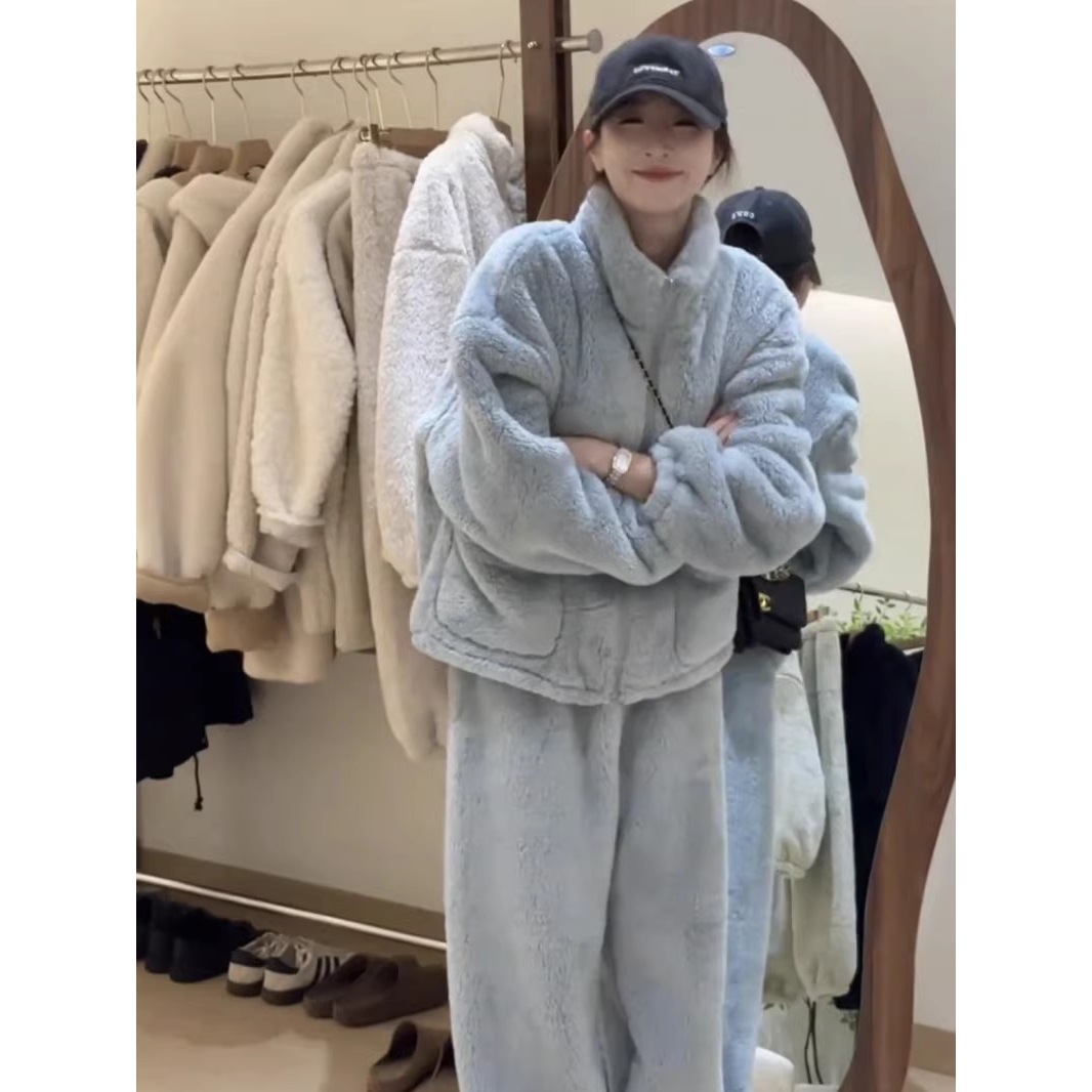 欧货北极绒加绒加厚家居服套装女2025冬季新款慵懒风小个子两件套
