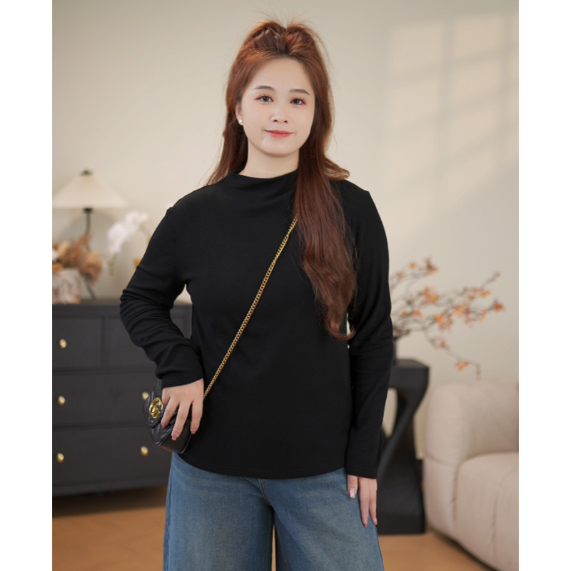 映晴加绒磨毛大码女装小立领打底衫百搭长袖半高领遮肉内搭T恤1