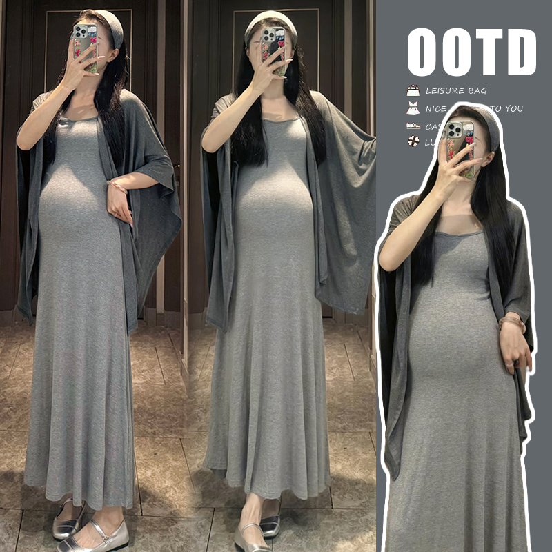 孕妇装2025春夏季新款法式高级感气质显瘦百搭孕妇吊带连衣裙套装