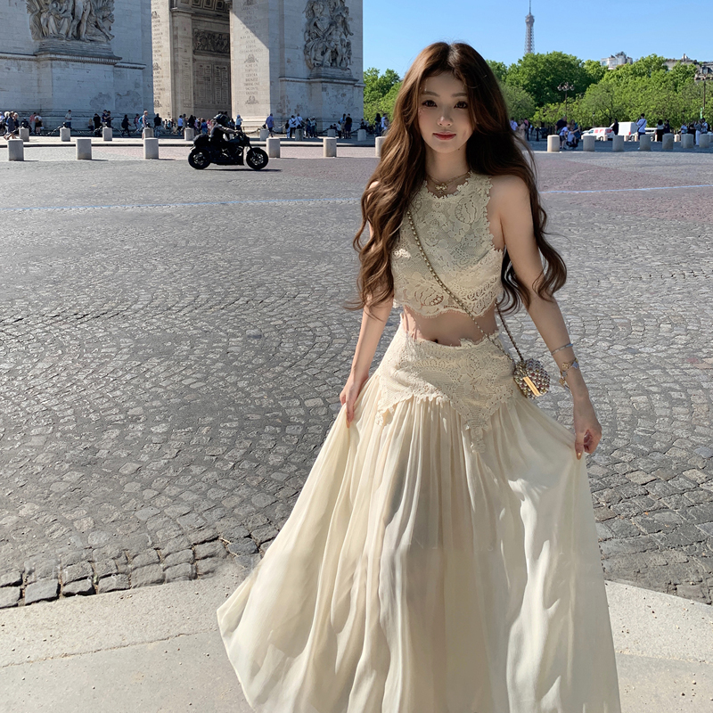 懒懒llan卢浮幻境优雅甜美精致睫毛蕾丝上衣+长裙套装女