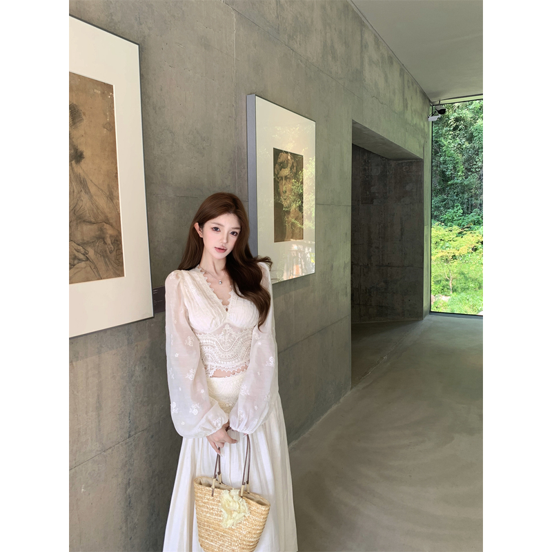 法式老钱风套装女气质长袖性感蕾丝雪纺衫上衣优雅拼接半身长裙女