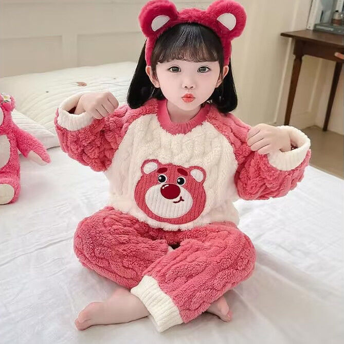 儿童法兰绒卡通睡衣可爱女童保暖家居服宝宝秋冬加厚新款珊瑚套装