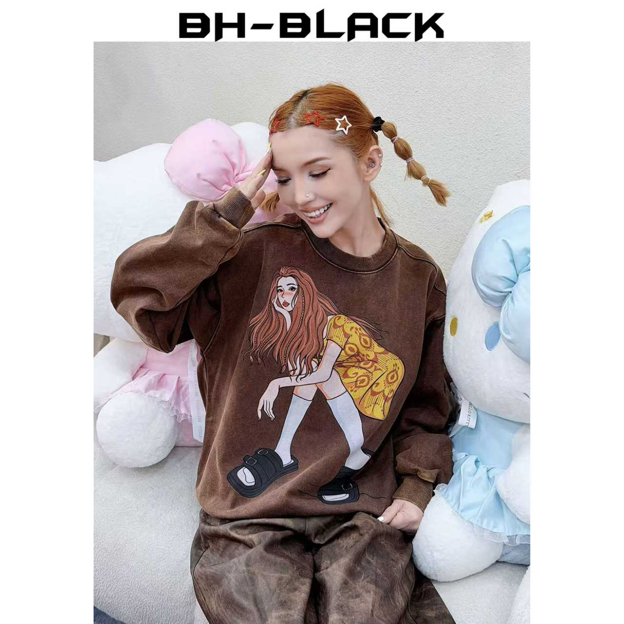 BH-BLACK女潮牌民族风卫衣洗水做旧印花圆领毛圈重磅秋冬时尚卫衣