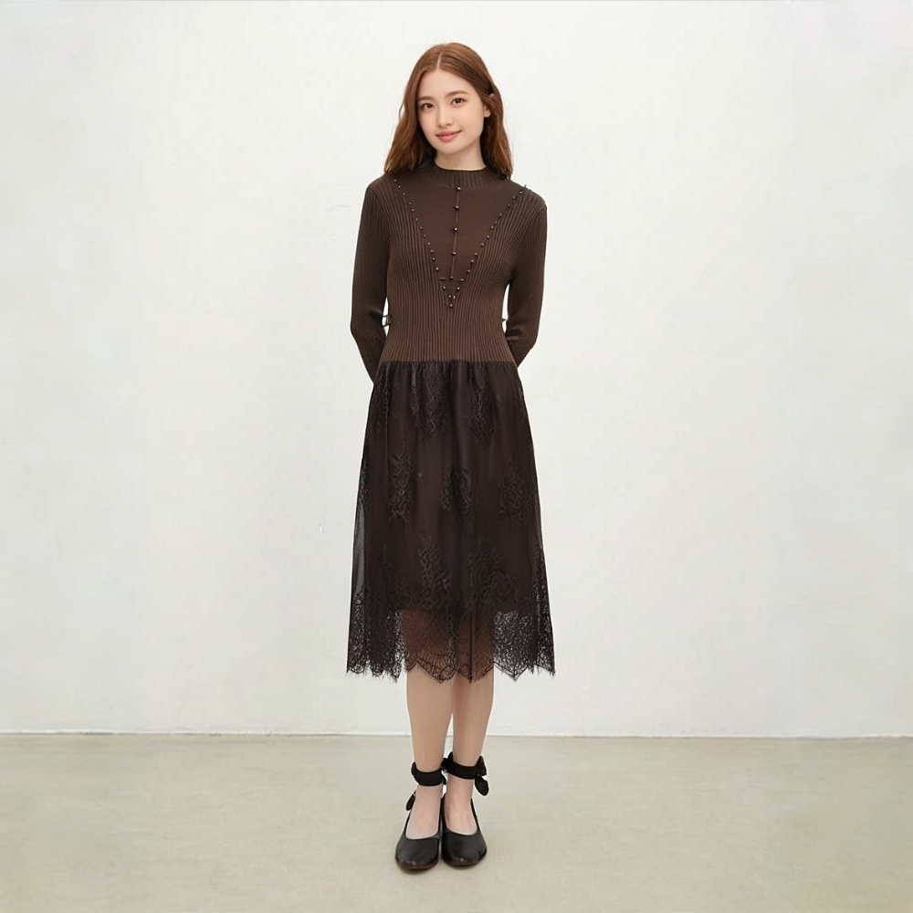 洪洋达毛衣拼接连衣裙中老年女装百搭春秋款