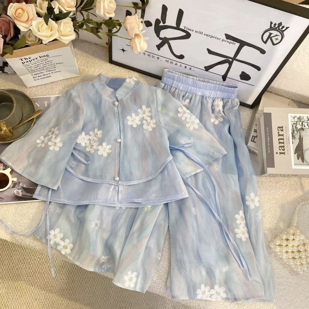 女童新款汉元素气质套装中袖裙子裤子两件套大童潮可爱绣花公主风