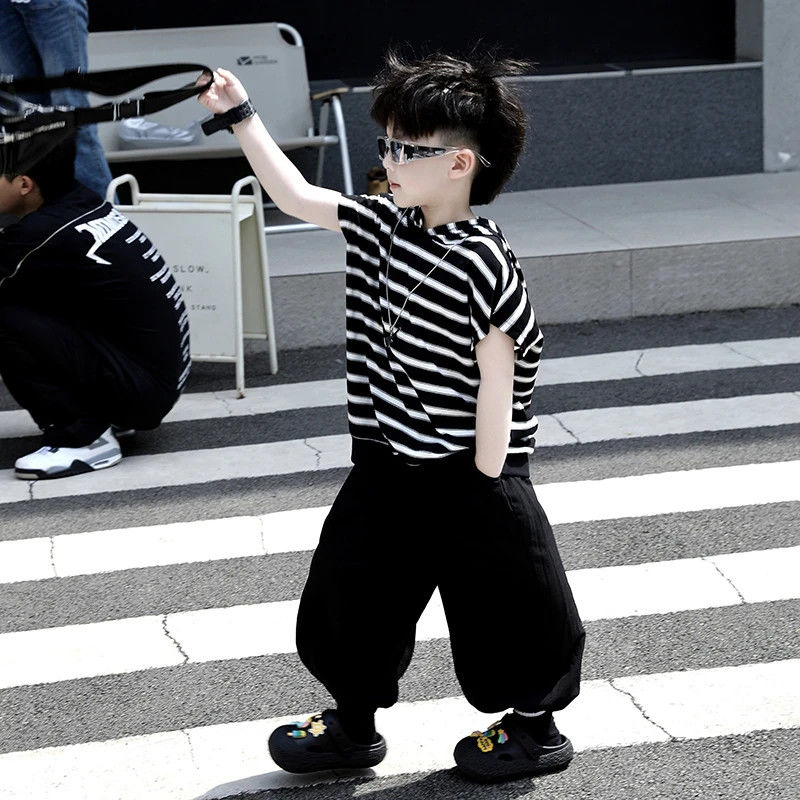 儿童夏季新款套装男童轻薄透气条纹连帽背心宽松轻薄防蚊裤两件套