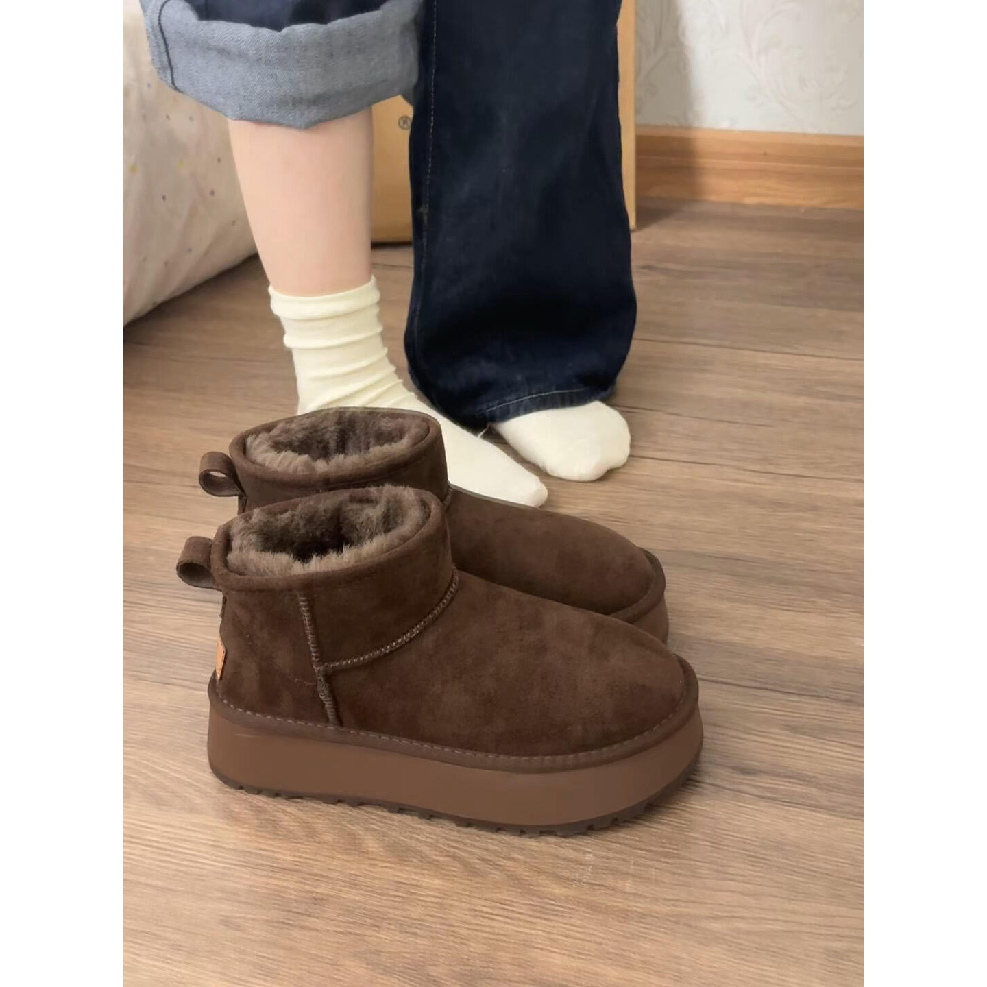 皮毛一体厚底雪地靴女短筒2025新款冬季增高防滑加绒加厚保暖棉鞋