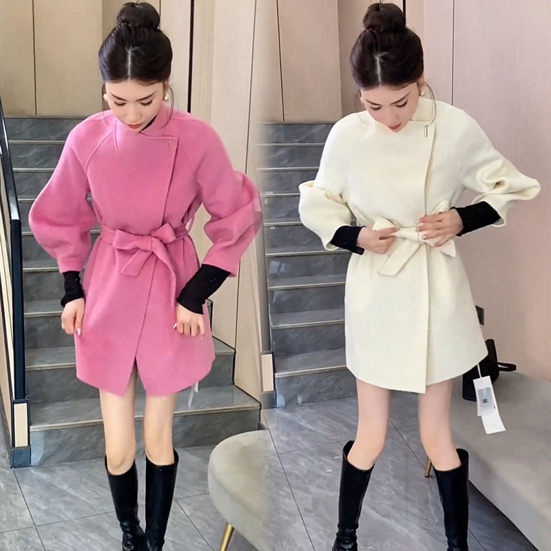 胖mm半高领中长款呢子大衣毛呢外套秋冬灯笼袖系带收腰上衣高级感