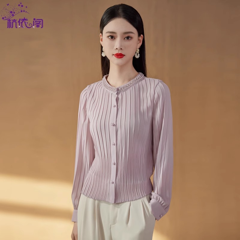 钉珠衬衫女2025春季新款高级感法式气质洋气独特褶皱雪纺小衫上衣