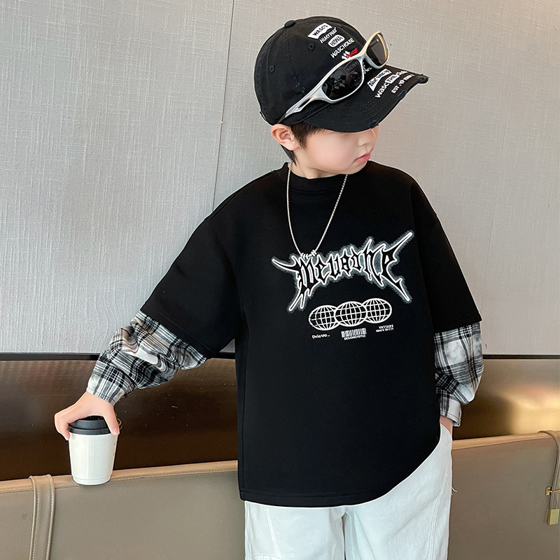 春秋新款男童假两件t恤中大童男孩长袖潮酷痞帅童装儿童秋装上衣