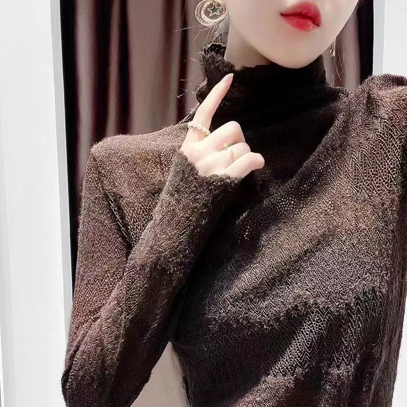 蕾丝2023磨毛蕾丝半高领打底衫女秋冬新款修身洋气减龄长袖上衣