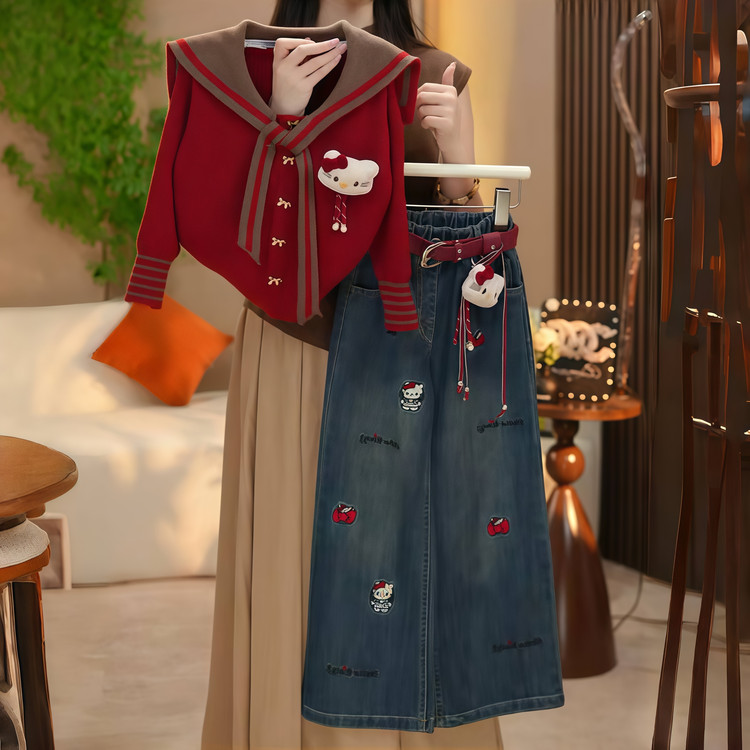 女童KT猫套装秋季春秋2025洋气儿童毛衣外套牛仔裤两件套（送腰带）