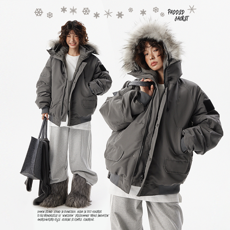 达蒙岛美式复古座山雕毛领连帽派克服棉服女冬季户外防水冲锋棉衣