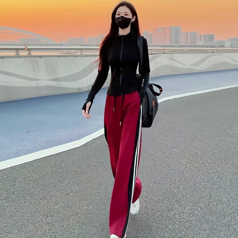 早秋穿搭一整套修身显瘦长袖外套阔腿裤休闲运动服跑步时尚两件套