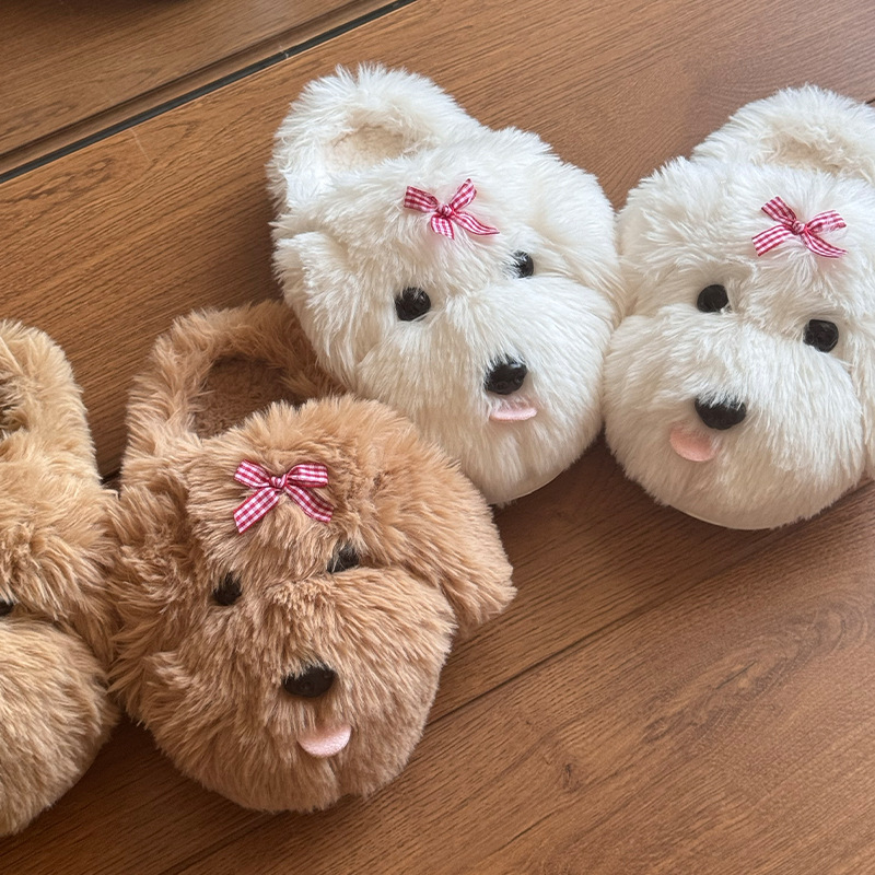 卡通小狗毛毛拖鞋女式秋冬季新品室内居家保暖防滑加绒加厚棉拖鞋