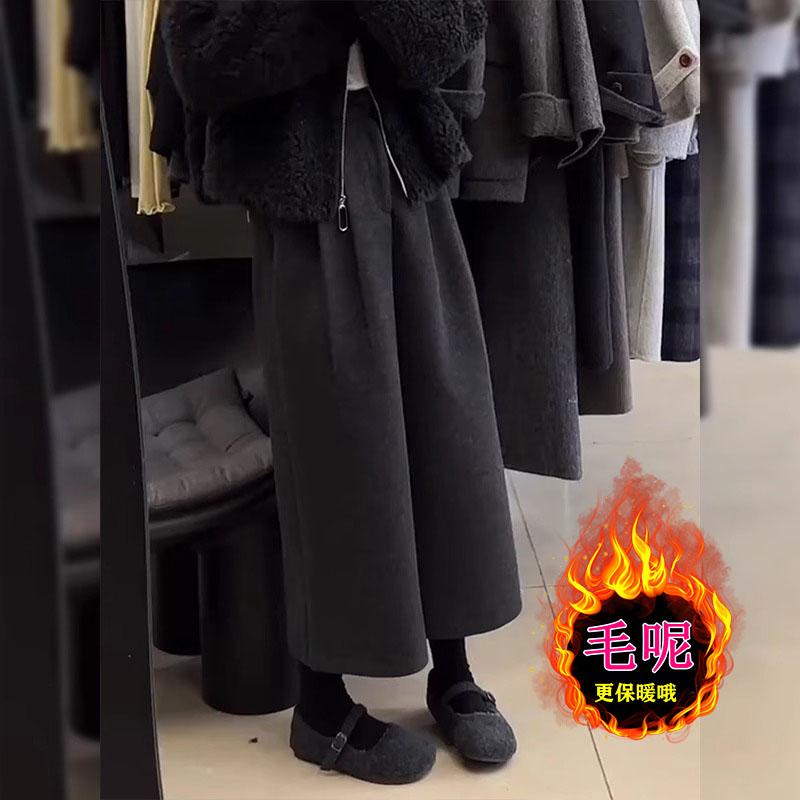 毛呢九分阔腿裤女冬季新款欧货大码胖mm显瘦高腰加绒加厚休闲裤