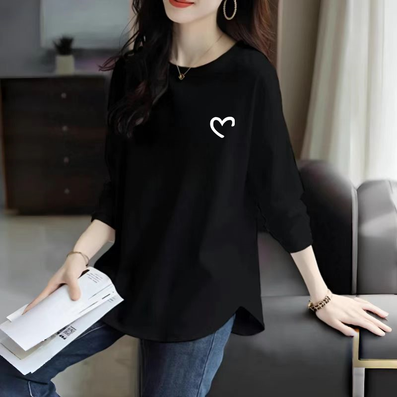 春秋长袖半弧形半圆型遮屁股中长款纯棉t恤印花字母打底衫上衣ins