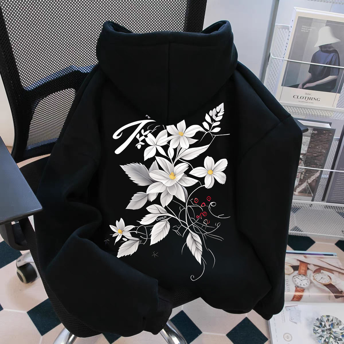 重磅500克加绒加厚连帽卫衣宽松秋季冬季设计感小花男女同款男装Z