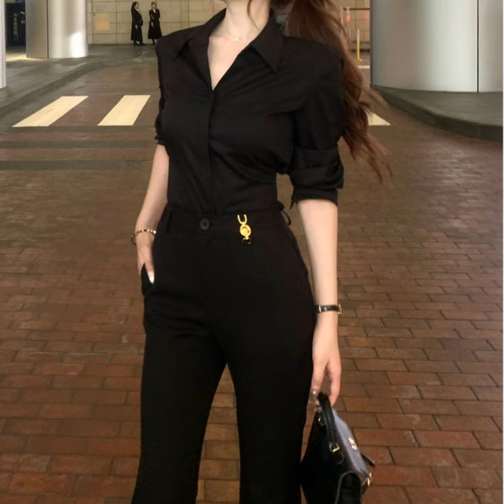 许我耀眼露思同款秋季新款气质通勤职场长袖衬衫+ 西裤直播女装