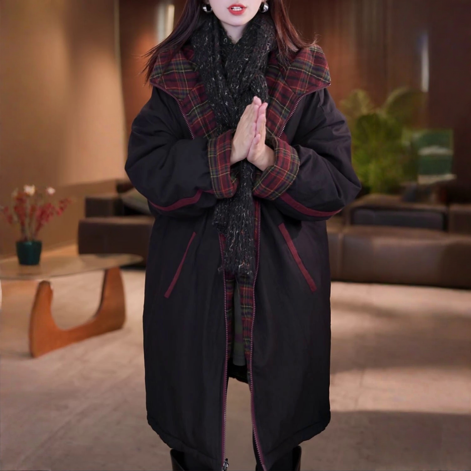 新款时尚连帽中长款设计感棉服外套2025秋冬洋气简约双面穿棉衣女