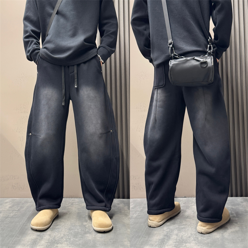 2025冬季美式潮流水洗做旧高级感弯刀加绒加厚休闲裤宽松弯刀卫裤