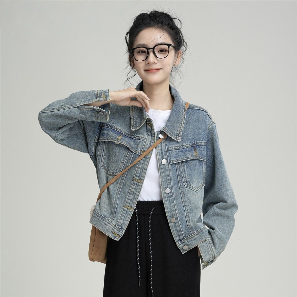 怀旧浅蓝短款软牛仔外套女2025秋季新款美式覆古宽松休闲夹克上衣