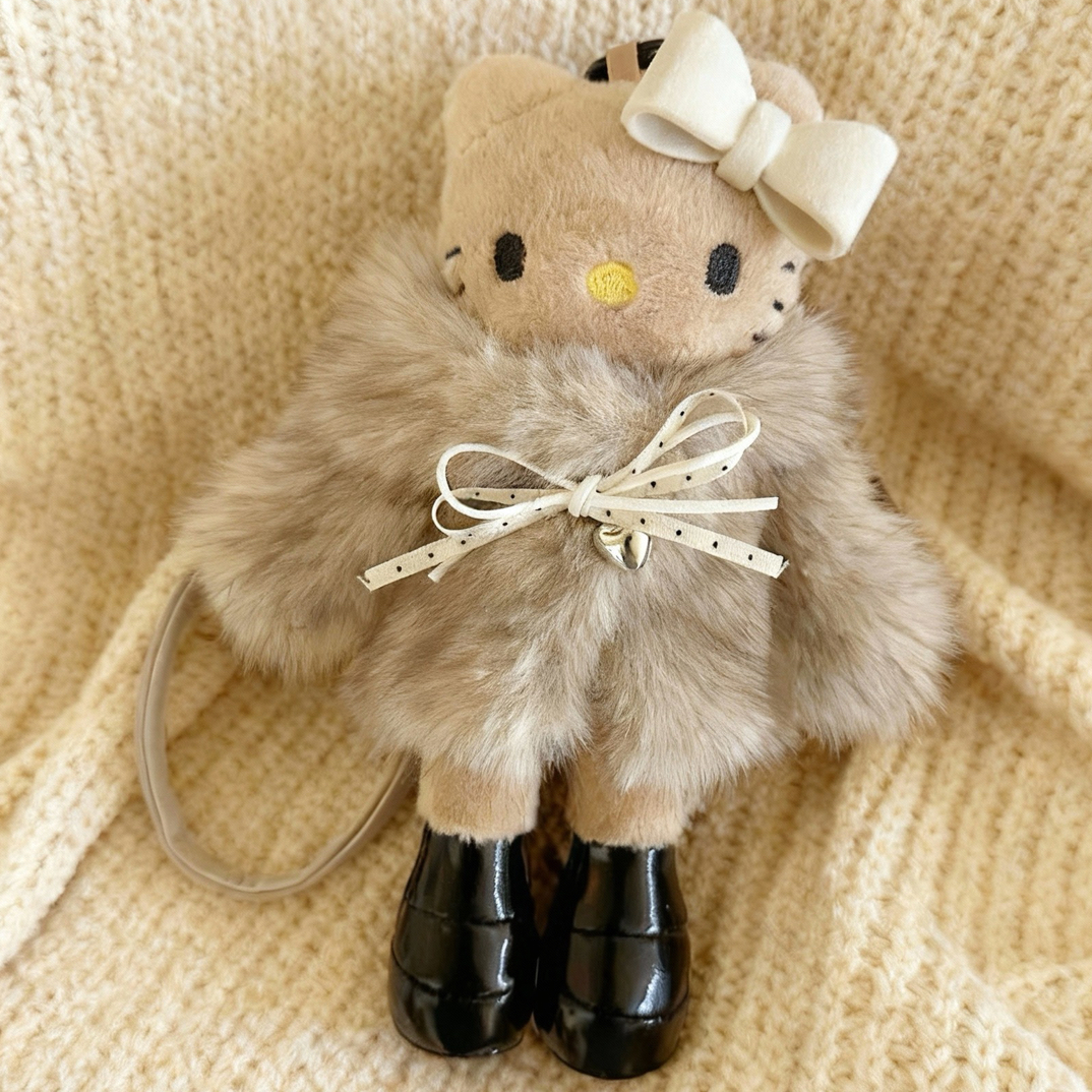 美拉德皮草长腿黑皮kitty包包挂件秋冬棕色豹纹哈喽kt猫毛绒玩偶