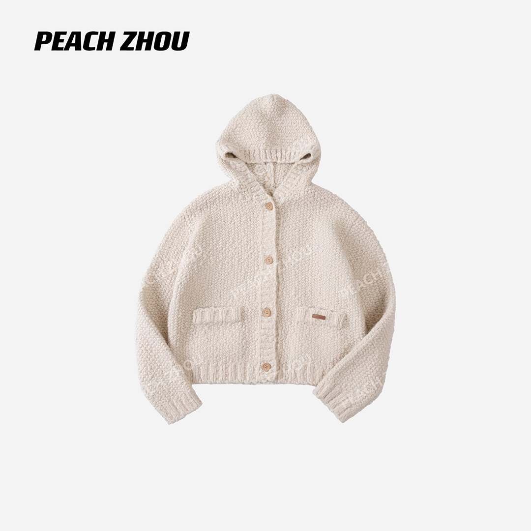 PEACHZHOU 羊毛混纺桂花针宽松连帽系扣毛衣休闲松弛针织开衫外套