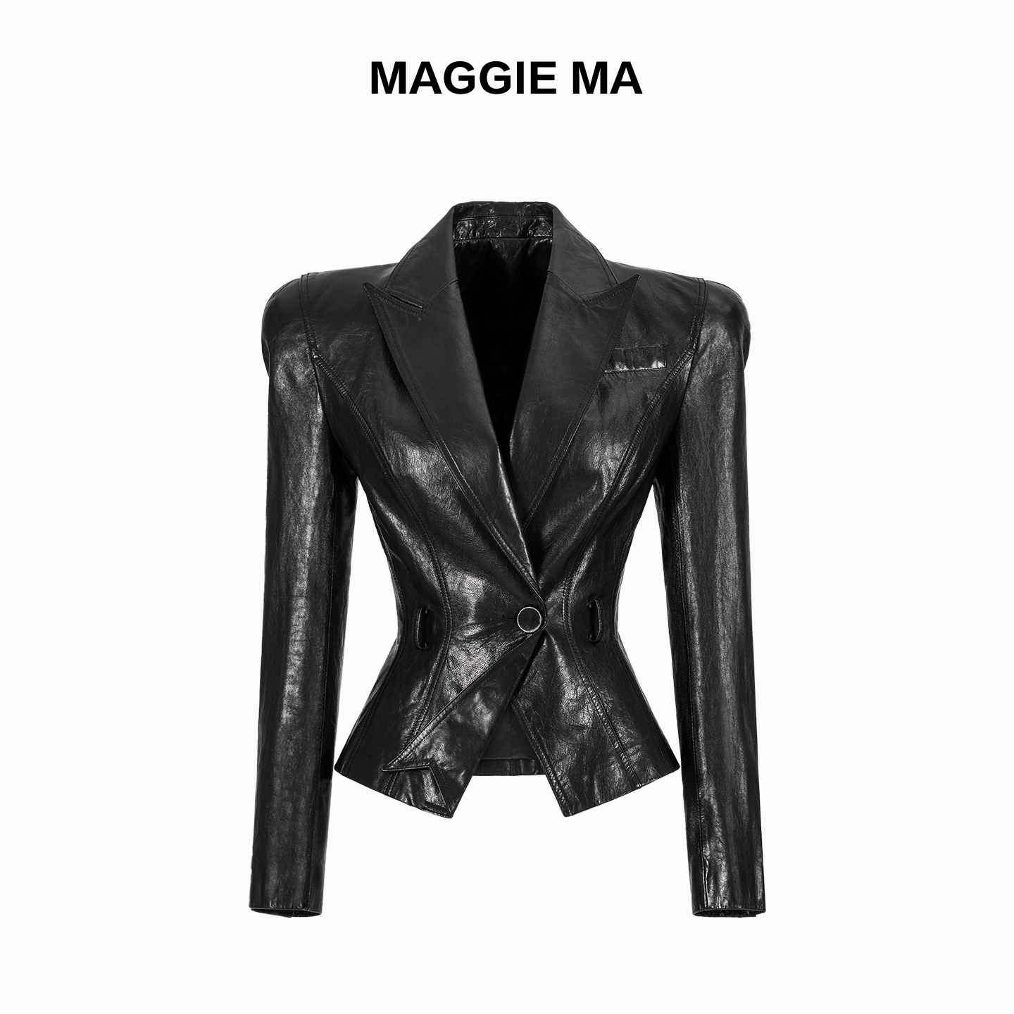MAGGIE MA马婧设计师款羊皮革酷飒御姐西装领修身显瘦皮衣457C