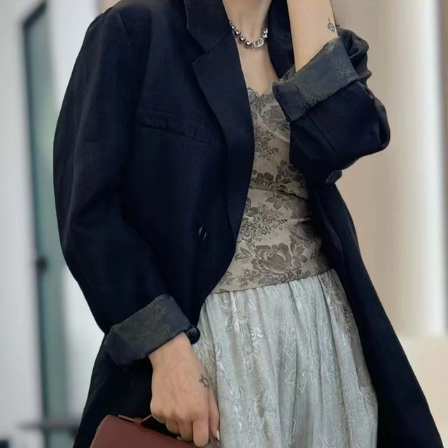黑色西装外套女2025春新款高级感宽松休闲老钱亚麻透气春高奢西装