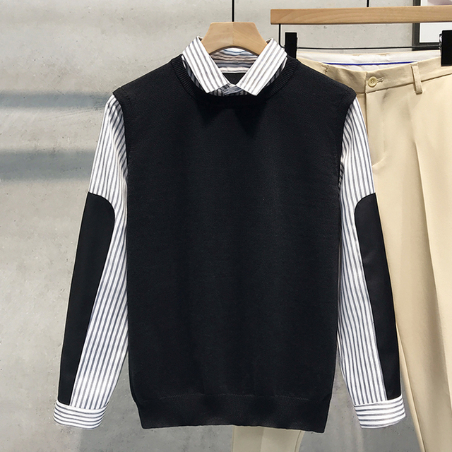 假两件毛衣男衬衫领2025春秋季新款拼接针织衫潮流外套男装上衣服