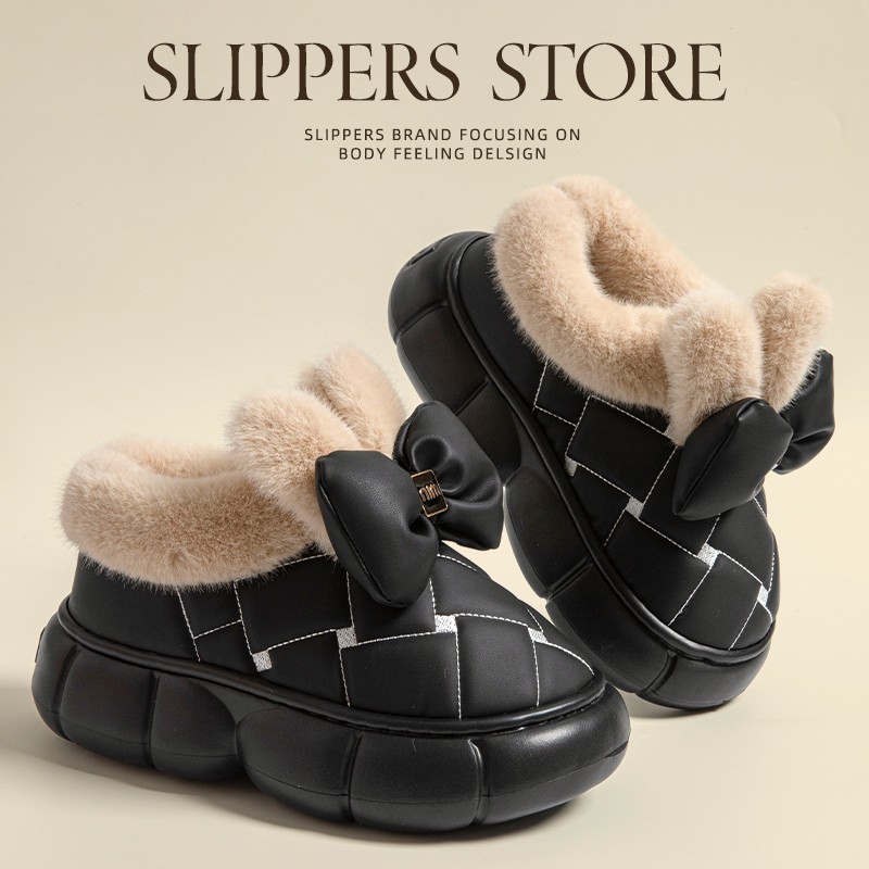 厚底蝴蝶结鞋女秋冬季2024新款兔耳朵室内保暖包跟拖鞋女外穿