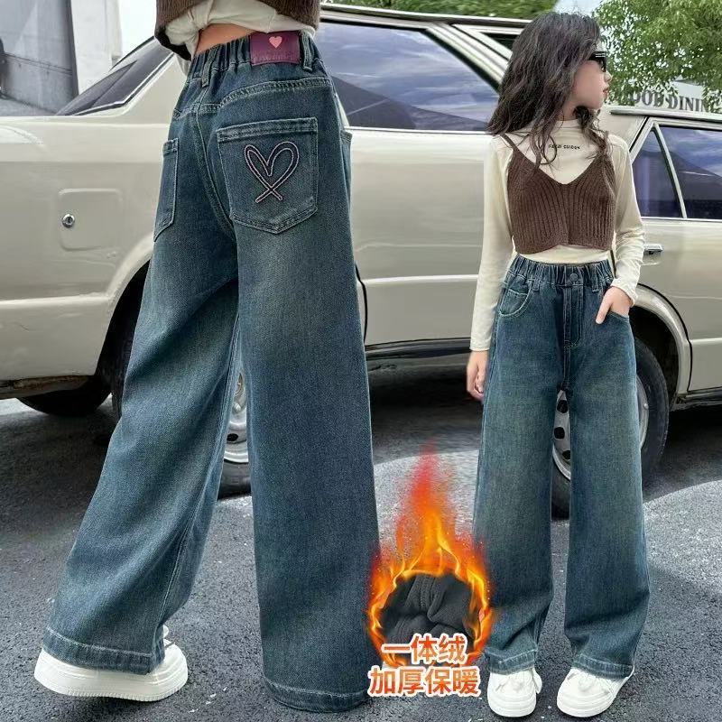 女童加绒牛仔裤秋冬装2024新款大童女孩一体绒阔腿裤儿童冬季裤子