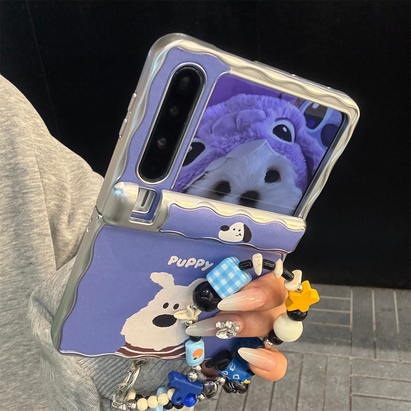 适用华为purax典藏版手机壳银色波浪边PuraX蓝色英文皮质狗狗链条