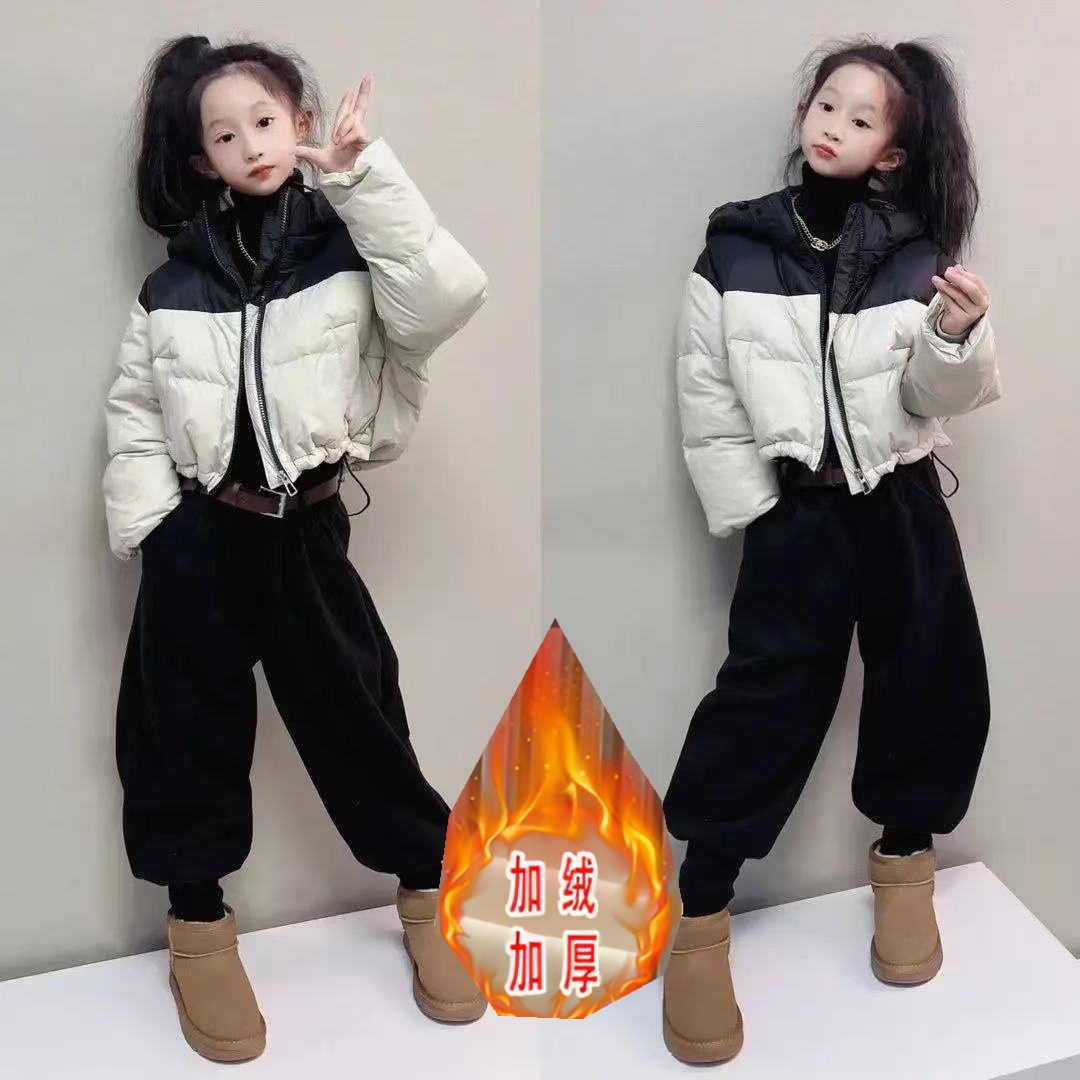 女童冬季套装2025新款短款羽绒棉服新款儿童洋气保暖加绒哈伦裤潮