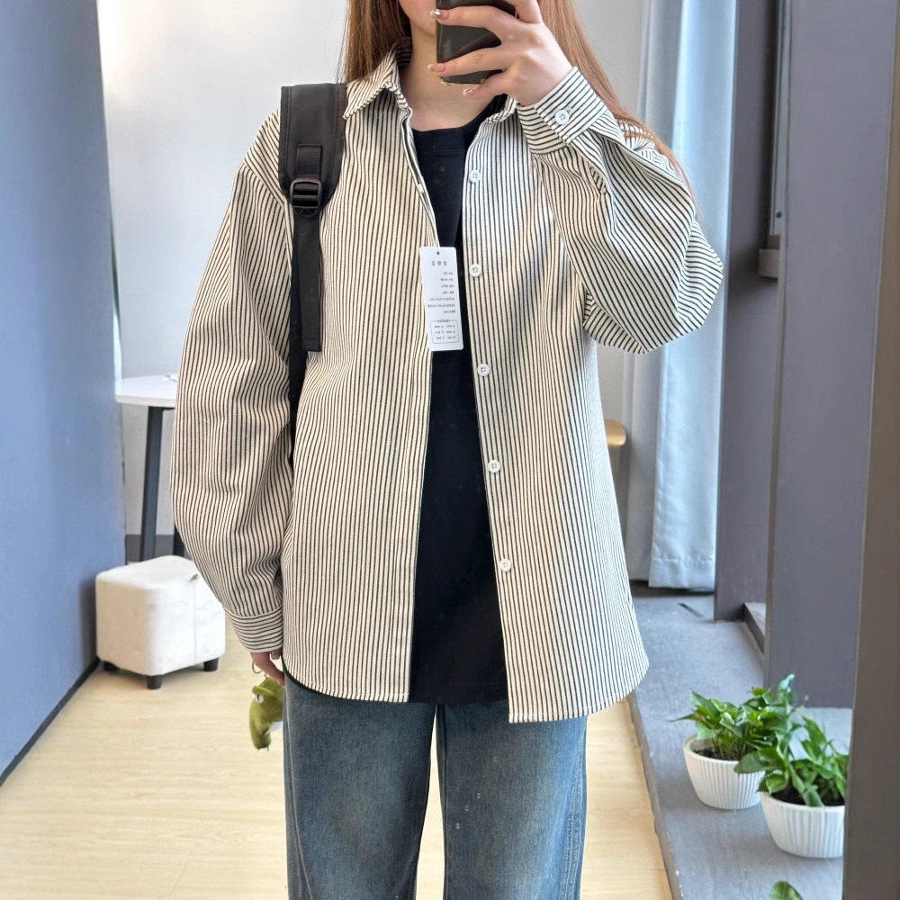 2025百搭美式黑白条纹衬衫男长袖高级感潮流衬衣春秋韩风情侣外套