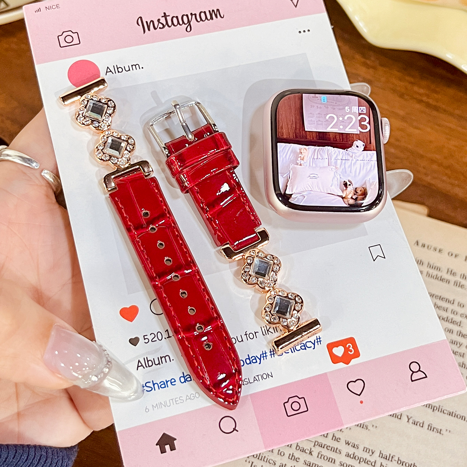 【水晶苹果红】适用苹果手表S11表带9新apple watch10镶钻S10手表带