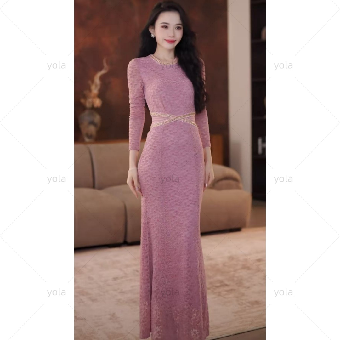 【yola】粉黛佳人秋冬新款高级法式气质显瘦鱼尾连衣裙-YL40008