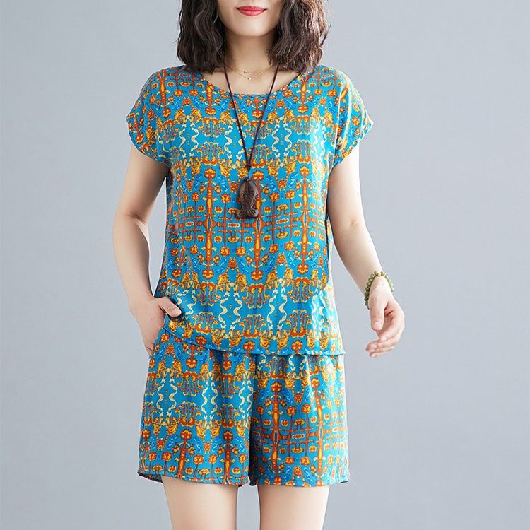 民族风棉绸套装女夏季时尚休闲宽松显瘦短袖短裤人造棉两件套薄款