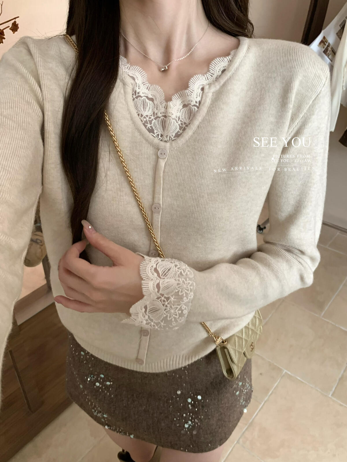温柔甜美风蕾丝边圆领针织衫秋冬新款气质百搭修身显瘦长袖毛衣潮