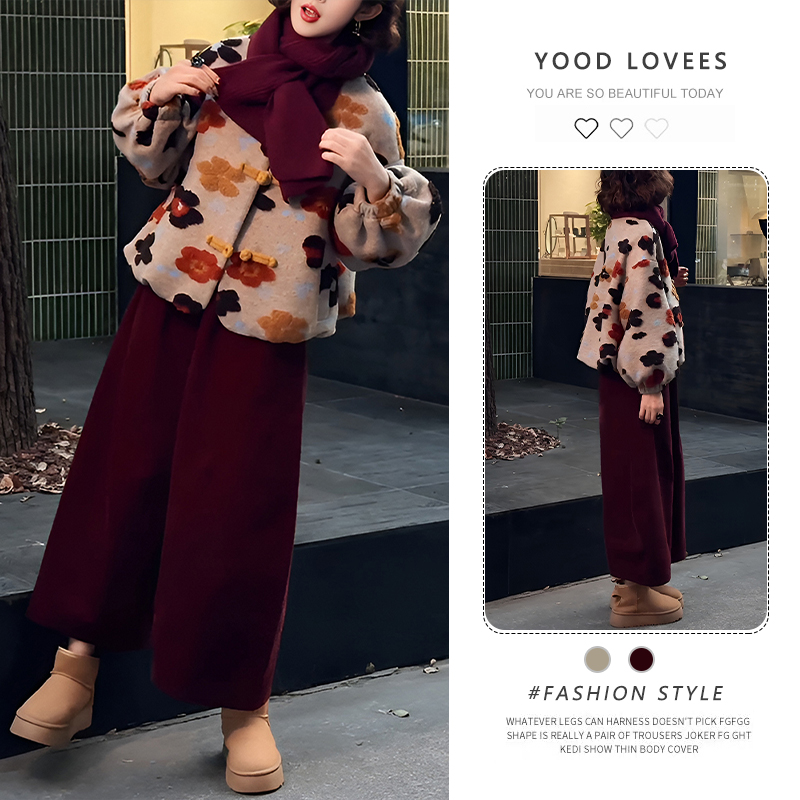 韩系搭配一整套秋冬小香风时尚立体花朵外套针高腰阔腿裤两件套装