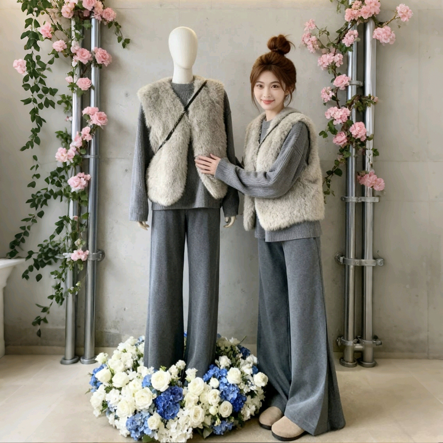 2025超火冬装一整套洋气减龄毛毛马甲内搭针织上衣休闲裤三件套女
