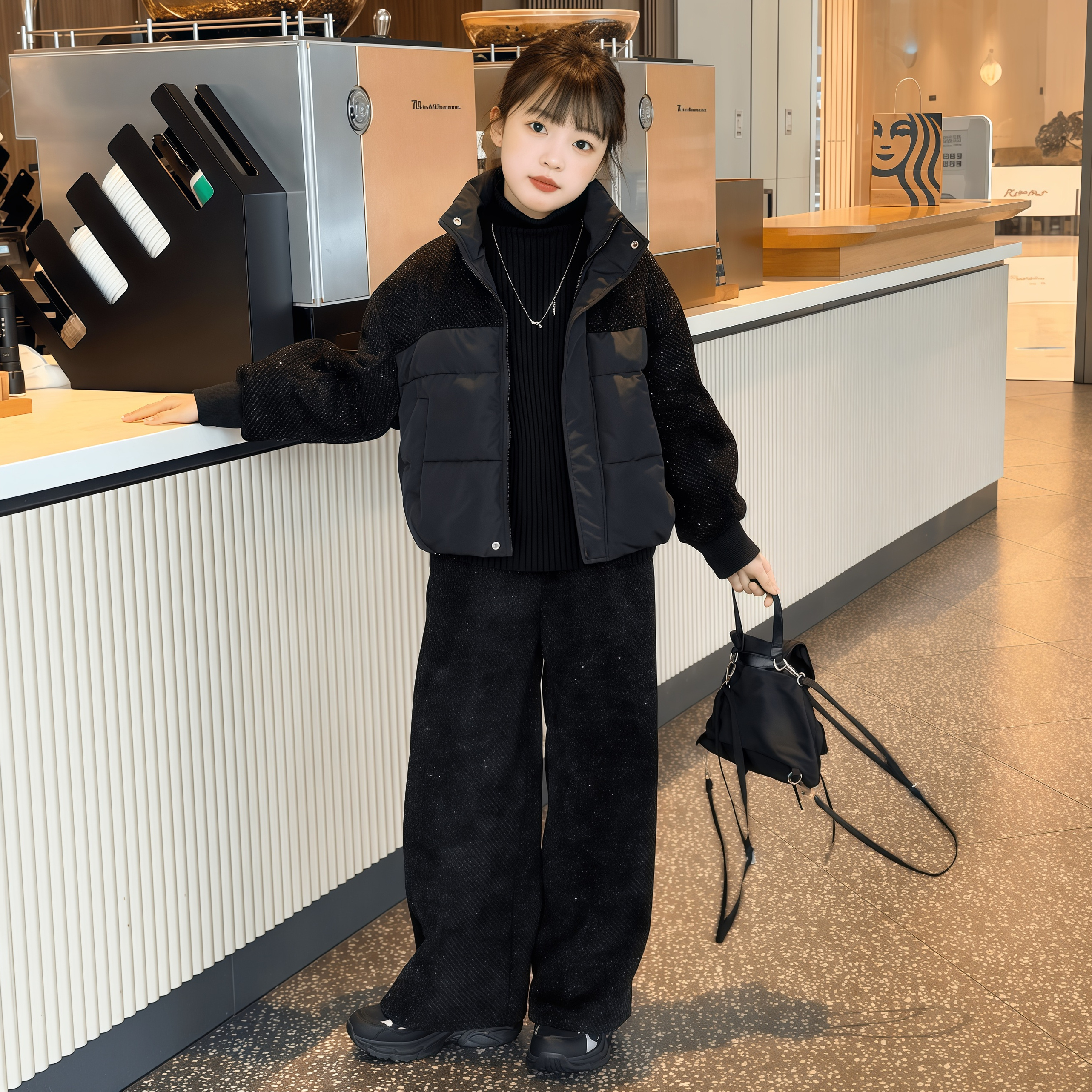 2025冬季中大童新款满天星短款棉衣拼接棉服休闲直筒裤套装两件套