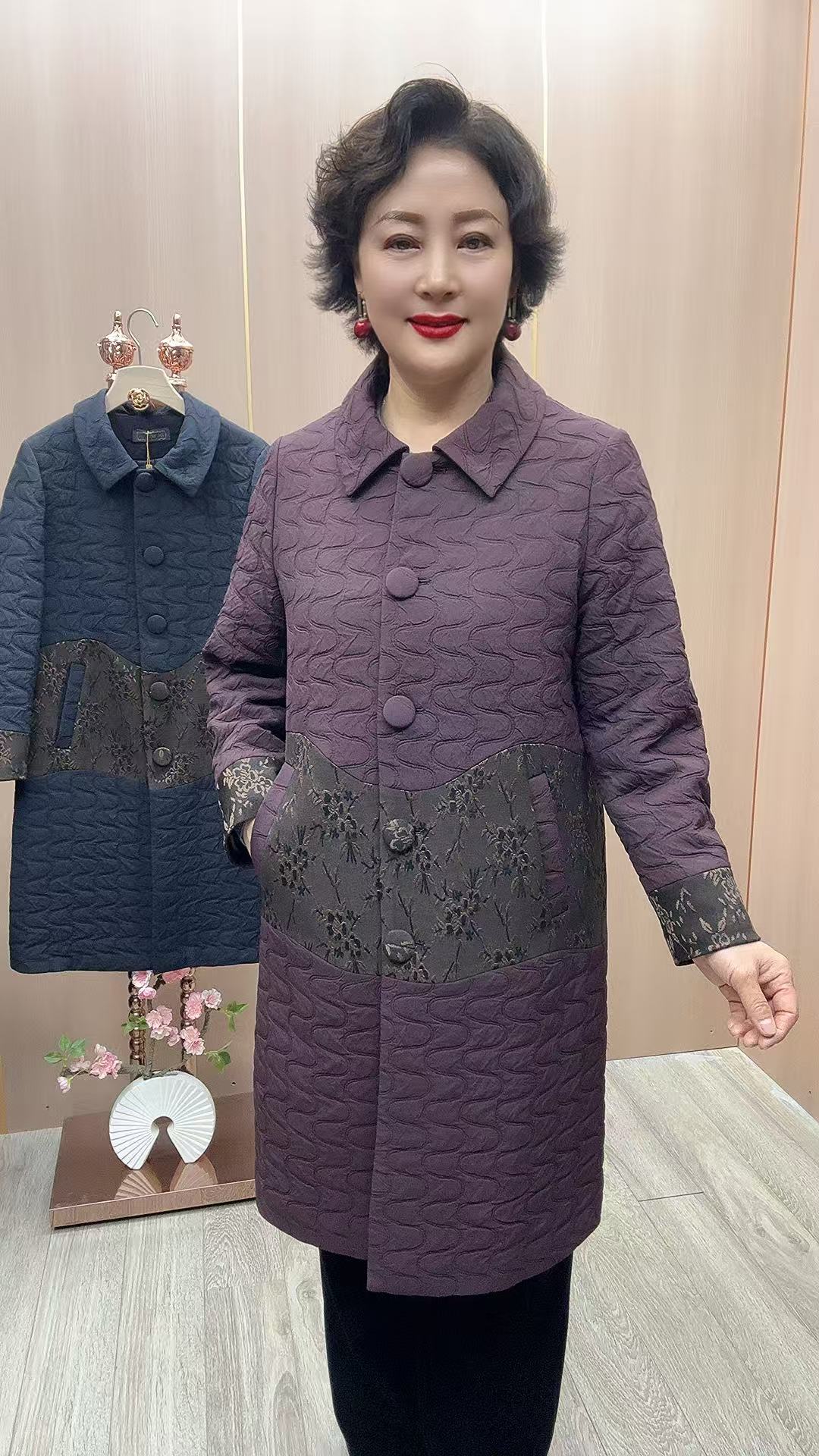 CF#53棉服 衣长100 中老年女装妈妈装 中长款翻领拼色棉服