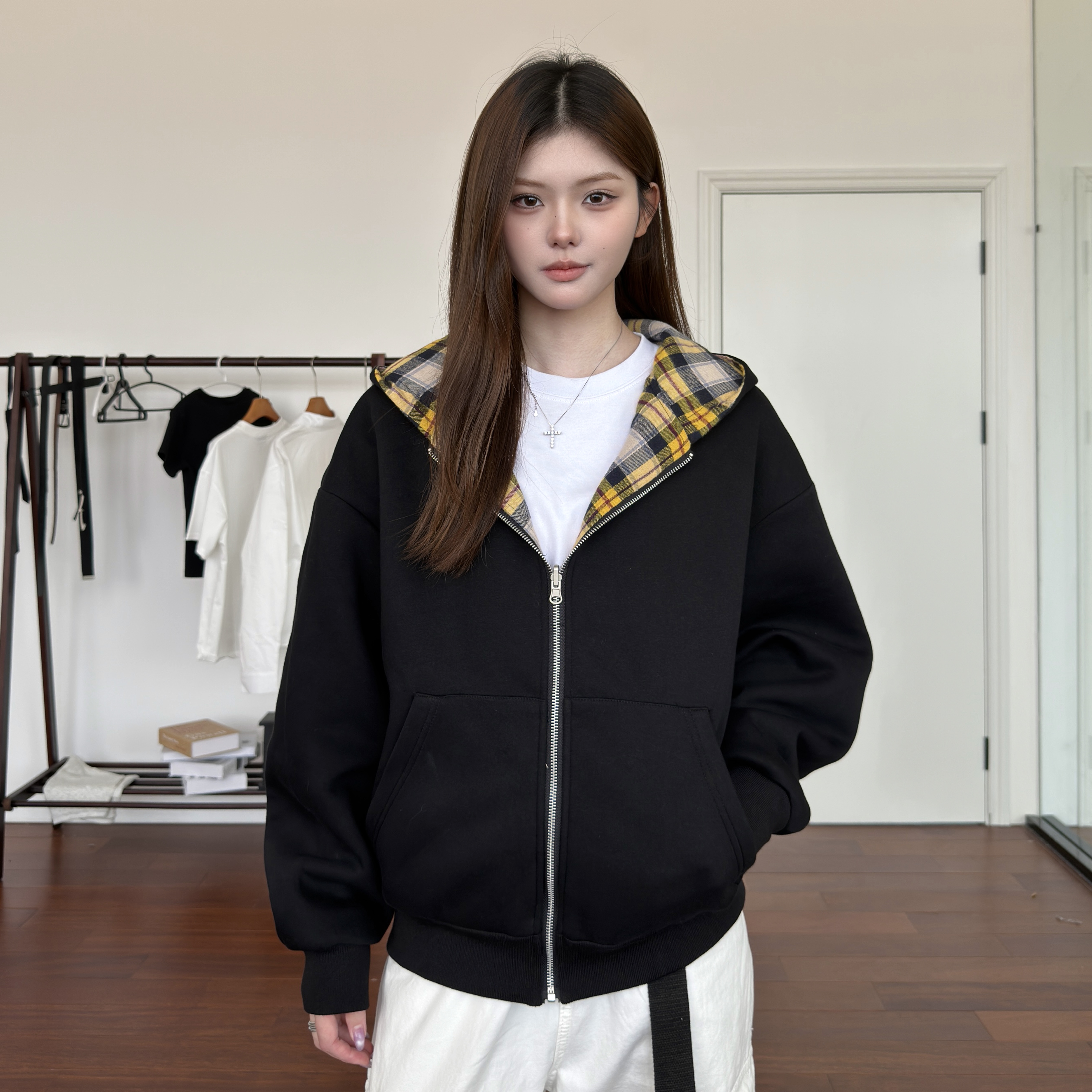 AHCN志存高远 美式复古双面穿卫衣格子撞色连帽秋冬百搭外套TP240