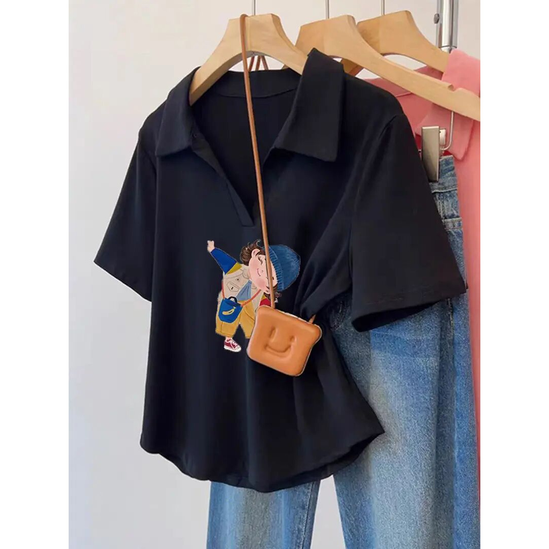 2025新款百搭polo领短袖T恤女设计感夏季黑色显瘦夏小众修身上衣