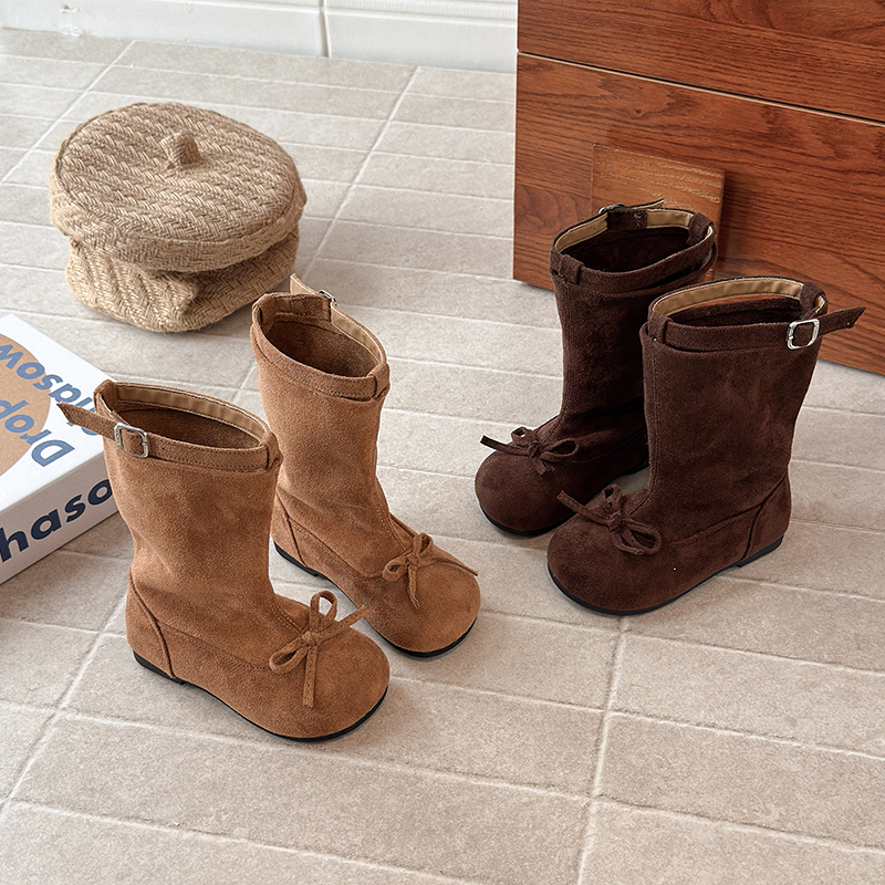 女童靴子2025春秋新款儿童栗子色单里圆头蝴蝶结短靴小女孩公主靴