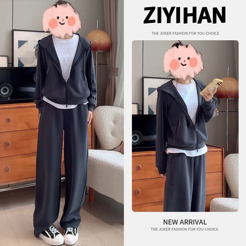 灰色连帽卫衣套装女士春秋季微胖mm大码松弛感休闲运动一整套穿搭